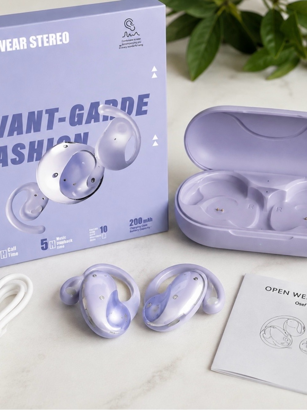 Crystal White Open-Wear Stereo Wireless Earbuds with Charging Case
